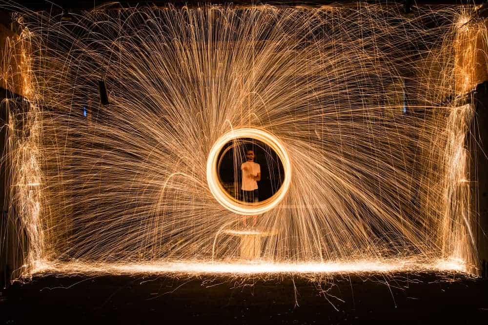 a person standing in a circle of sparks