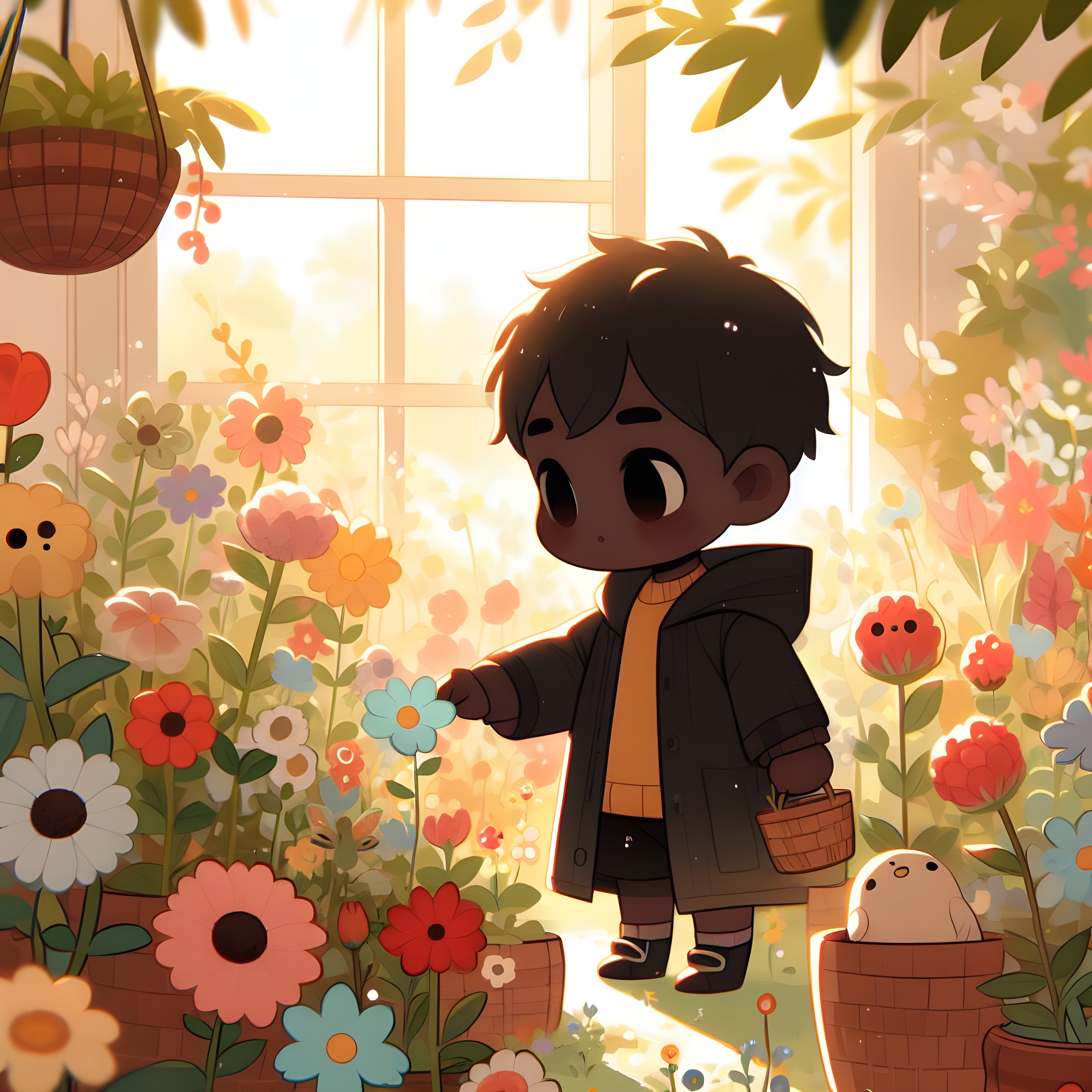 a cartoon of a boy in a garden