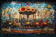 a carousel with horses and a red and yellow carousel