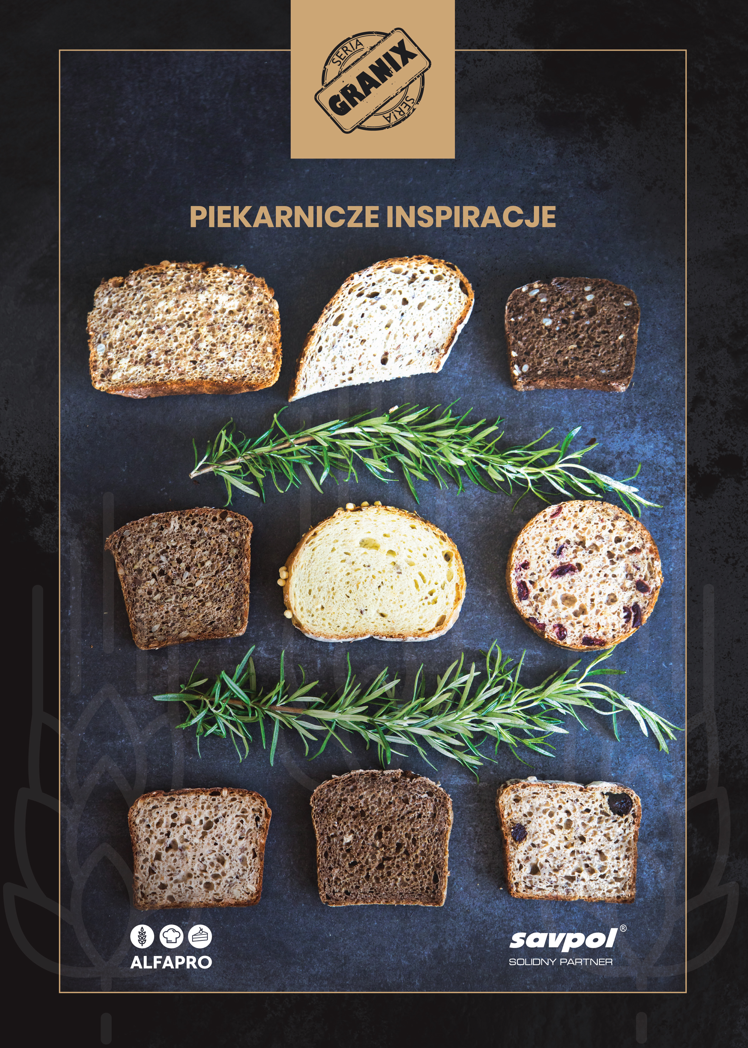 a group of slices of bread and a sprig of rosemary
