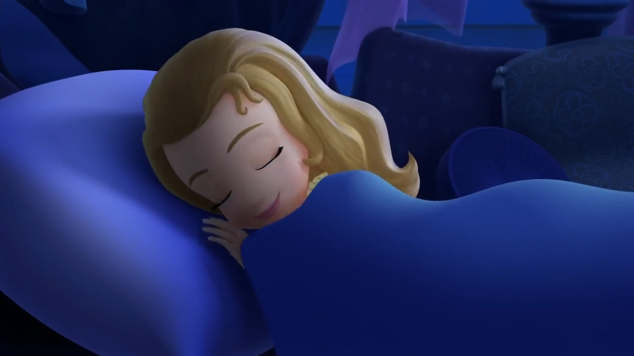 a cartoon of a girl sleeping on a blue couch