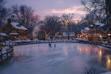 a frozen lake with houses and trees in the background