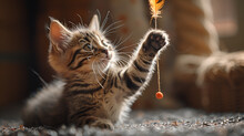 a kitten playing with a feather toy