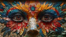 a mosaic face with eyes and eyelashes