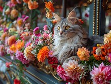 a cat sitting in a window with flowers