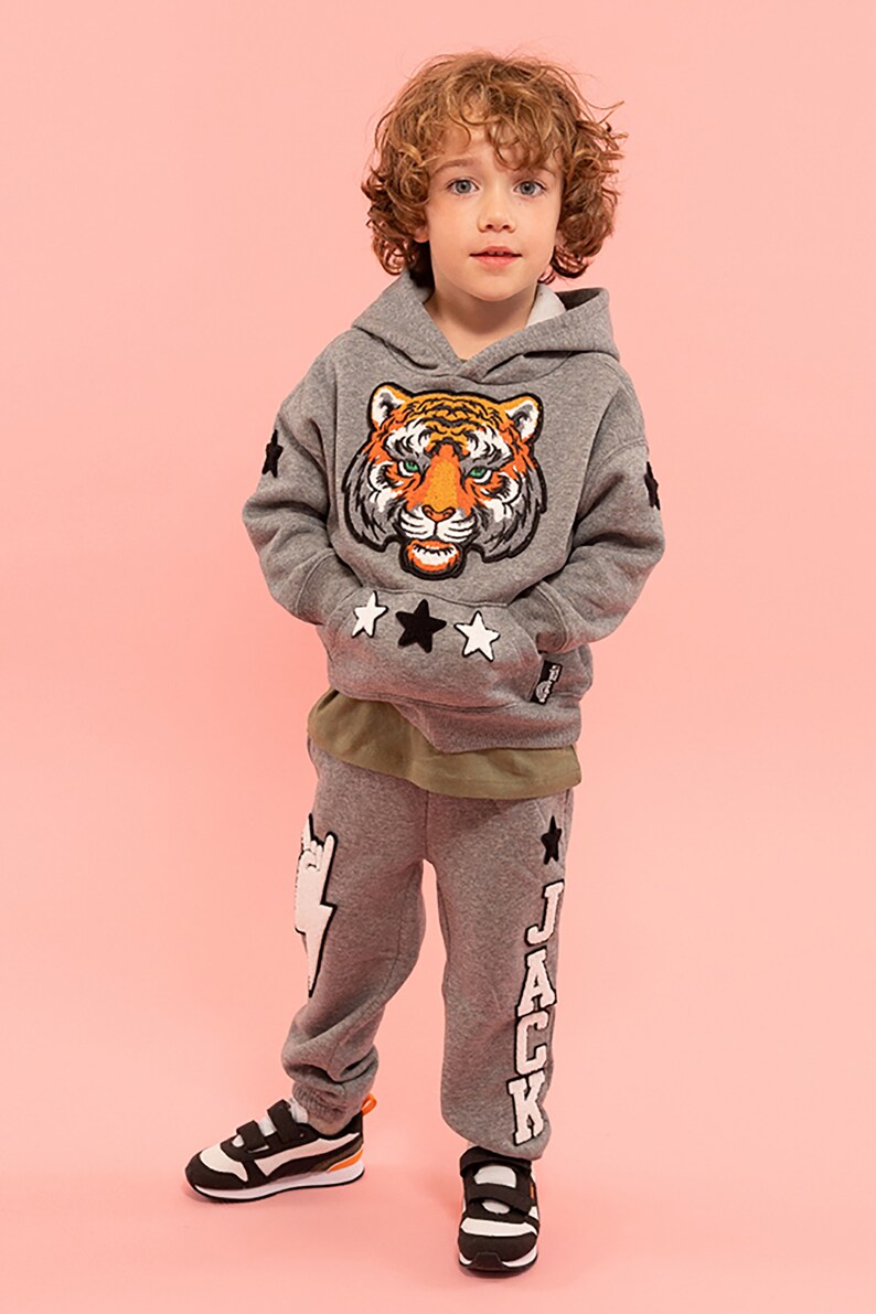 a child standing in a grey sweatshirt with a tiger design on it
