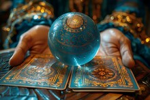 a person holding a blue ball over a deck of cards