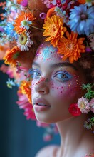 a woman with colorful makeup and flowers on her head