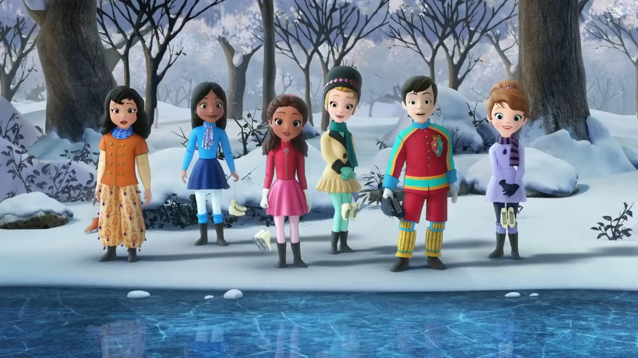 a group of cartoon characters in a snowy area