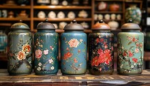 a group of jars on a shelf