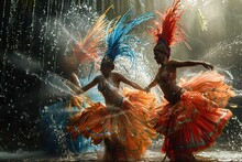 a group of women dancing with feathers