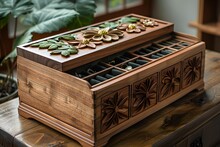 a wooden box with flowers on top