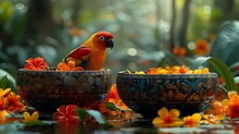 a bird sitting in a bowl of flowers