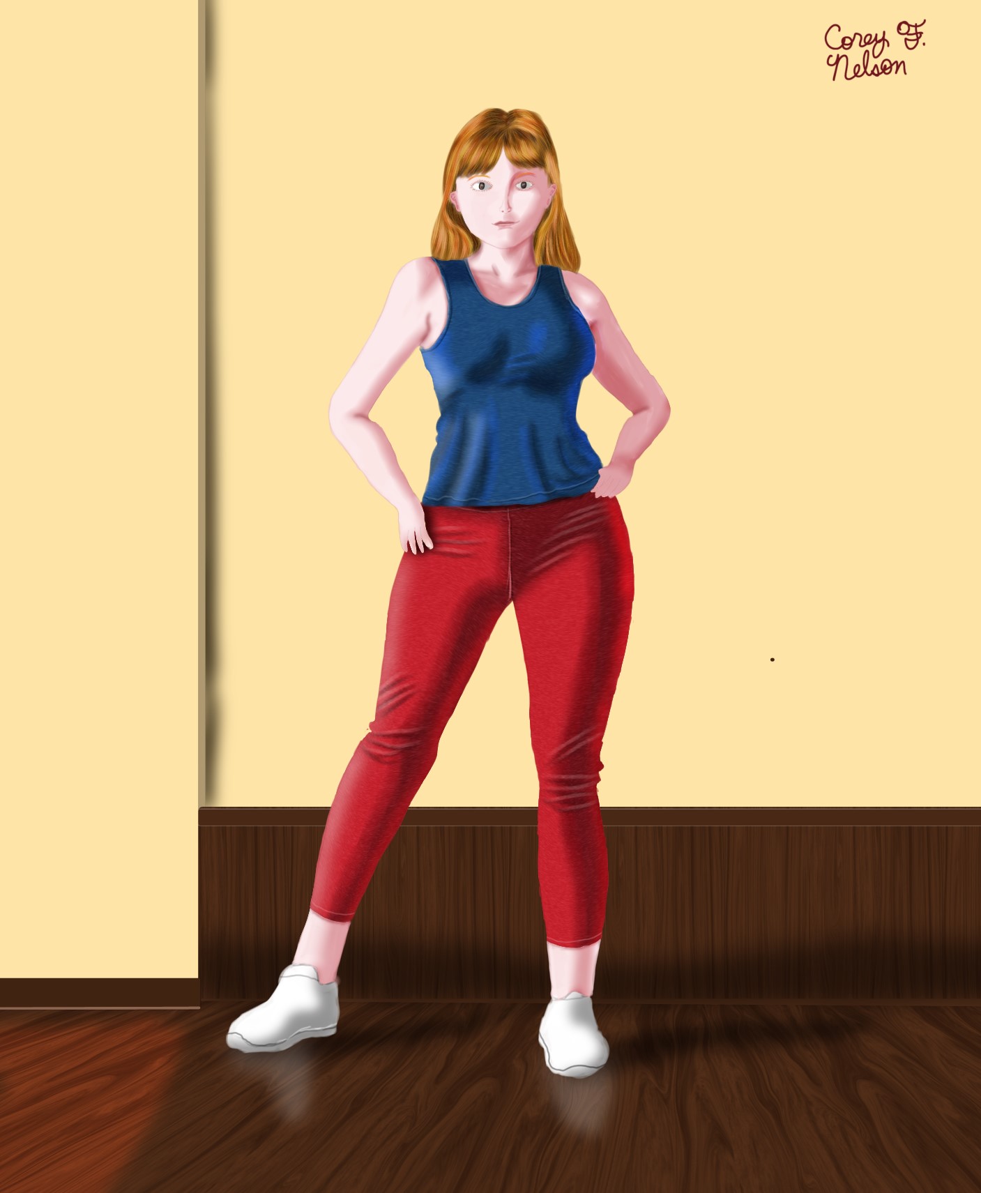 a woman in red pants and a blue tank top