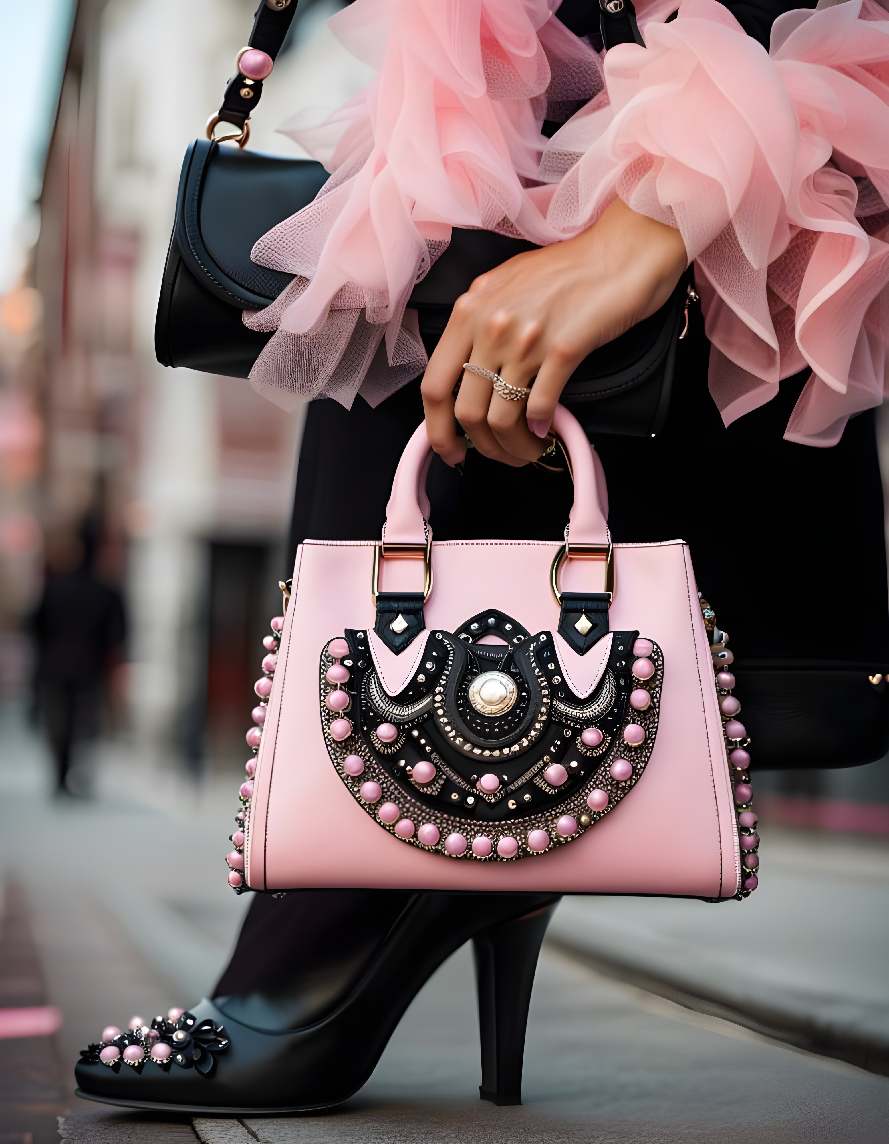 a woman holding a pink purse