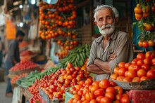 a man standing in front of a fruit stand