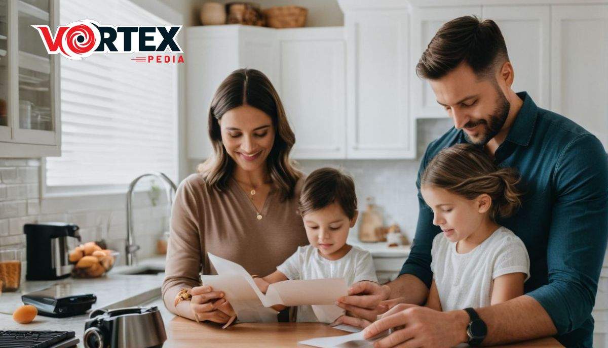 a family looking at a piece of paper