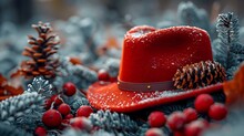 a red hat on a pile of pine cones