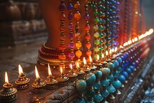 a row of colorful beads with lit candles