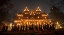 a group of people standing in front of a house with lights