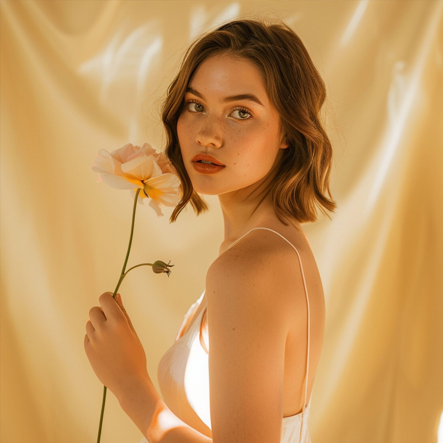 a woman holding a flower