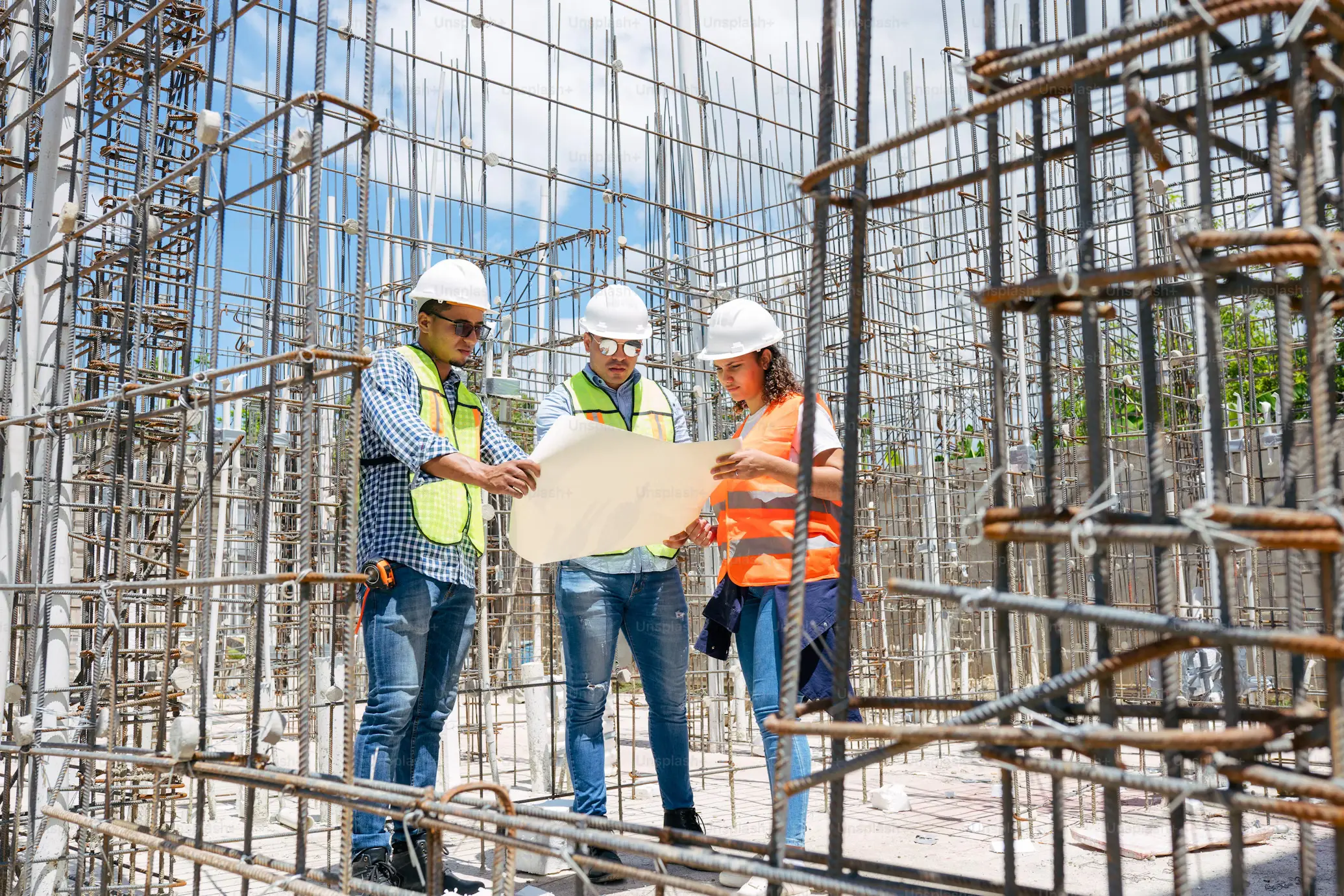 a group of people in hard hats looking at a blueprint