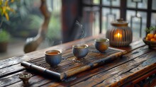 a tray with cups of tea and a candle