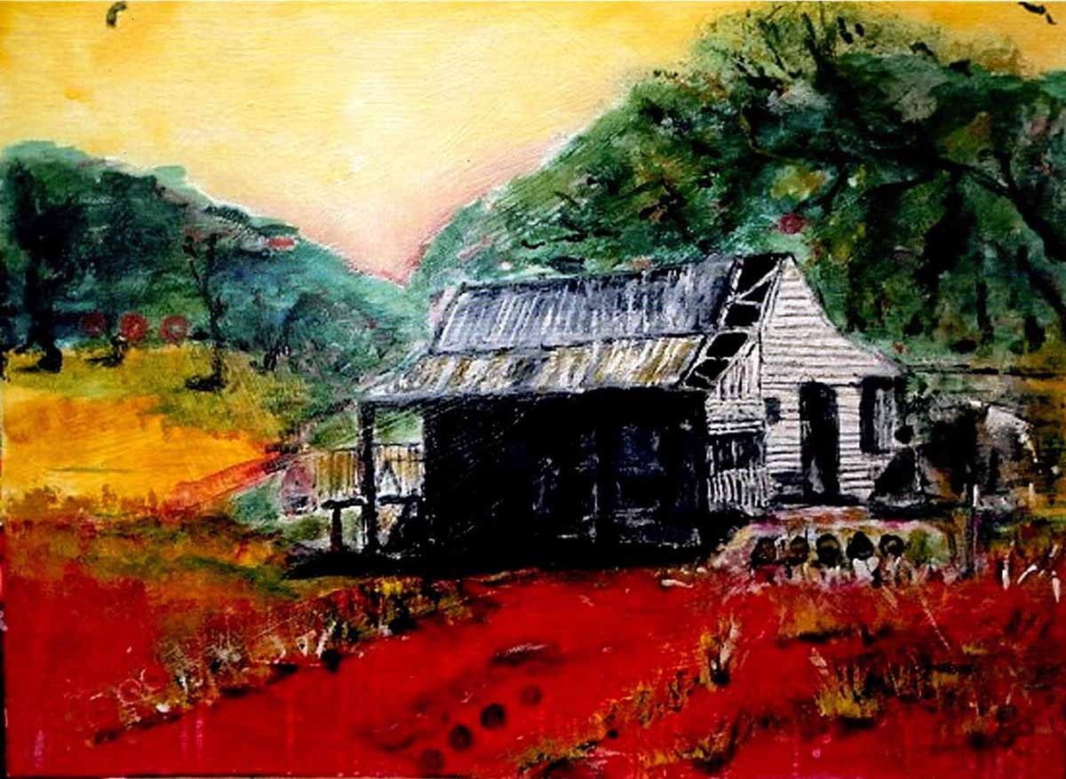 a painting of a house in a field