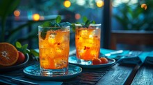 two glasses of orange liquid with mint leaves on a plate