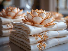 a stack of folded white napkins with a flower on top