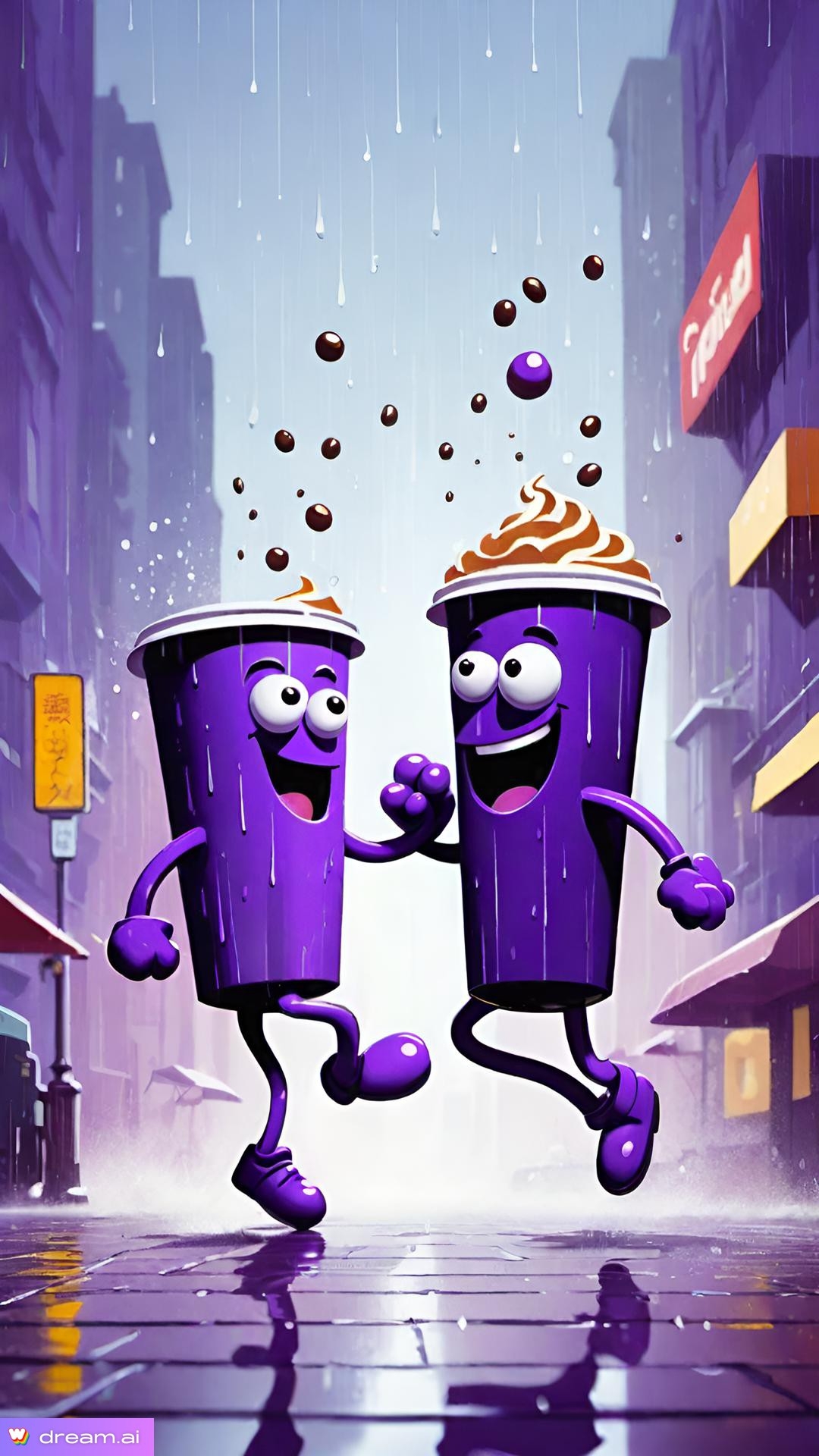 two purple cups jumping in the air
