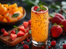 a glass of orange juice with fruit on a table