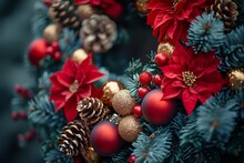 a wreath with red and gold ornaments