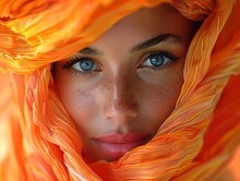 a woman with freckles and blue eyes wearing an orange scarf