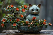 a cat statue in a pot with orange flowers