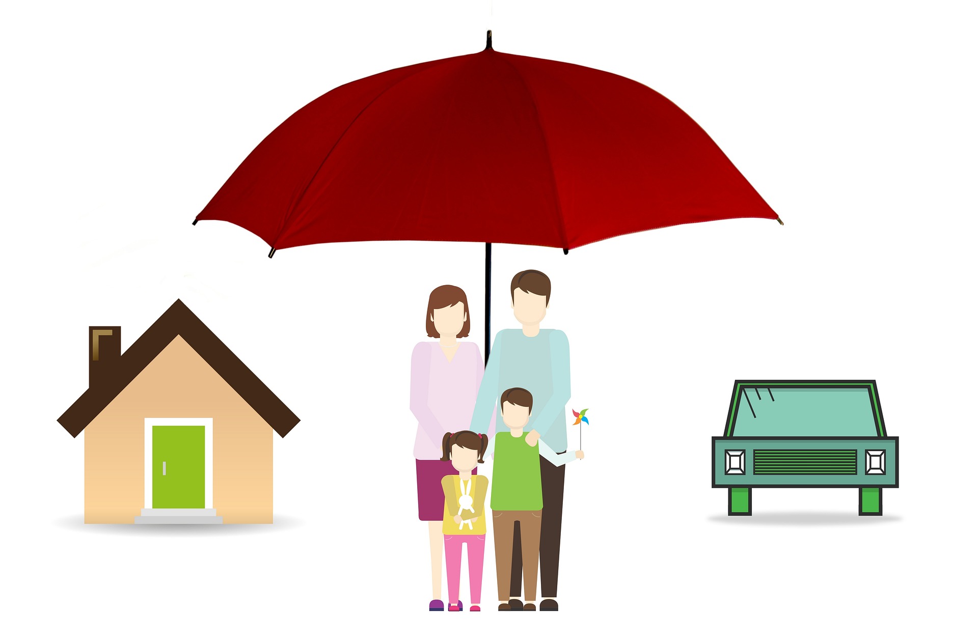 a family under a red umbrella
