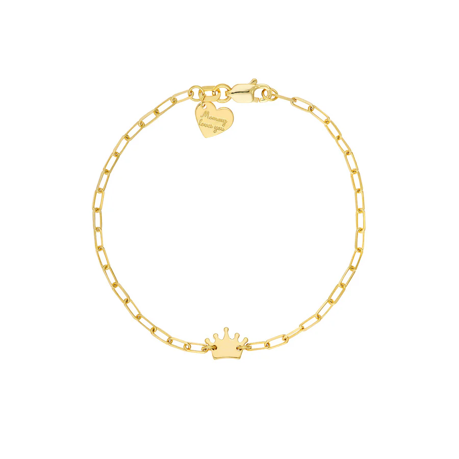 a gold bracelet with a crown and a heart
