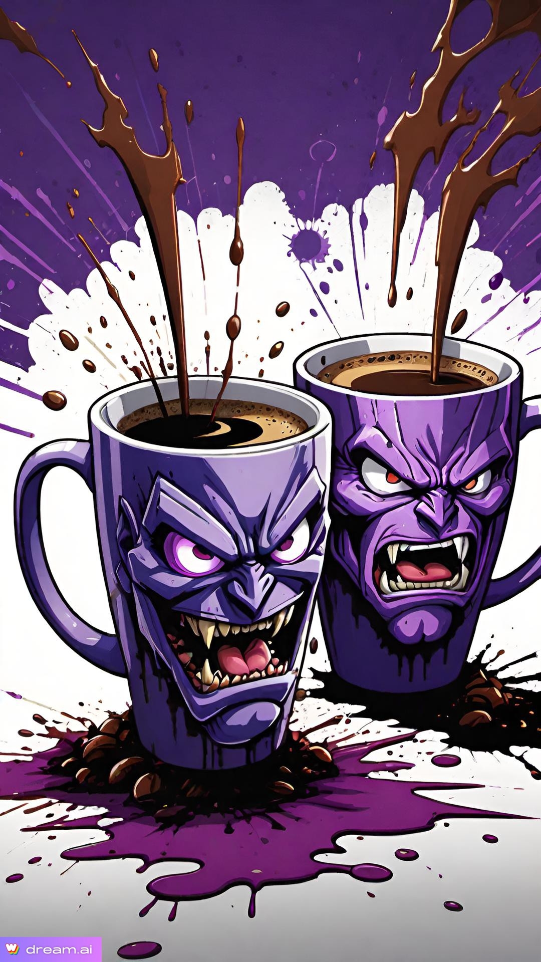 a purple mugs with a face and a splash of liquid