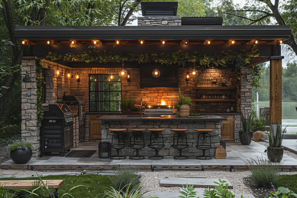 a outdoor kitchen with lights