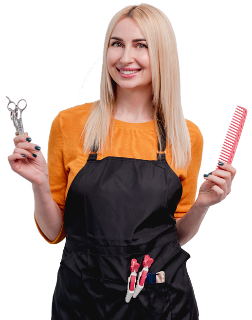 a woman holding a comb and scissors