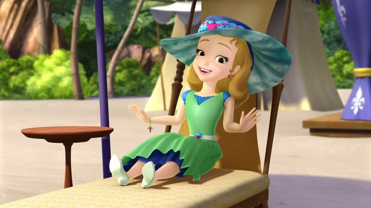 cartoon of a girl in a green dress and hat sitting on a bed
