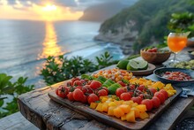 a plate of food on a table with a view of the ocean