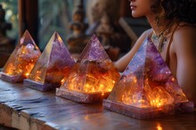 a group of pyramids with lights