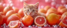 a cat sitting next to a fruit