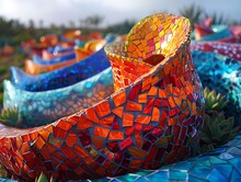 a group of colorful mosaic vases