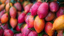 a pile of fruit with water drops