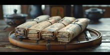 a group of rolled up paper on a plate