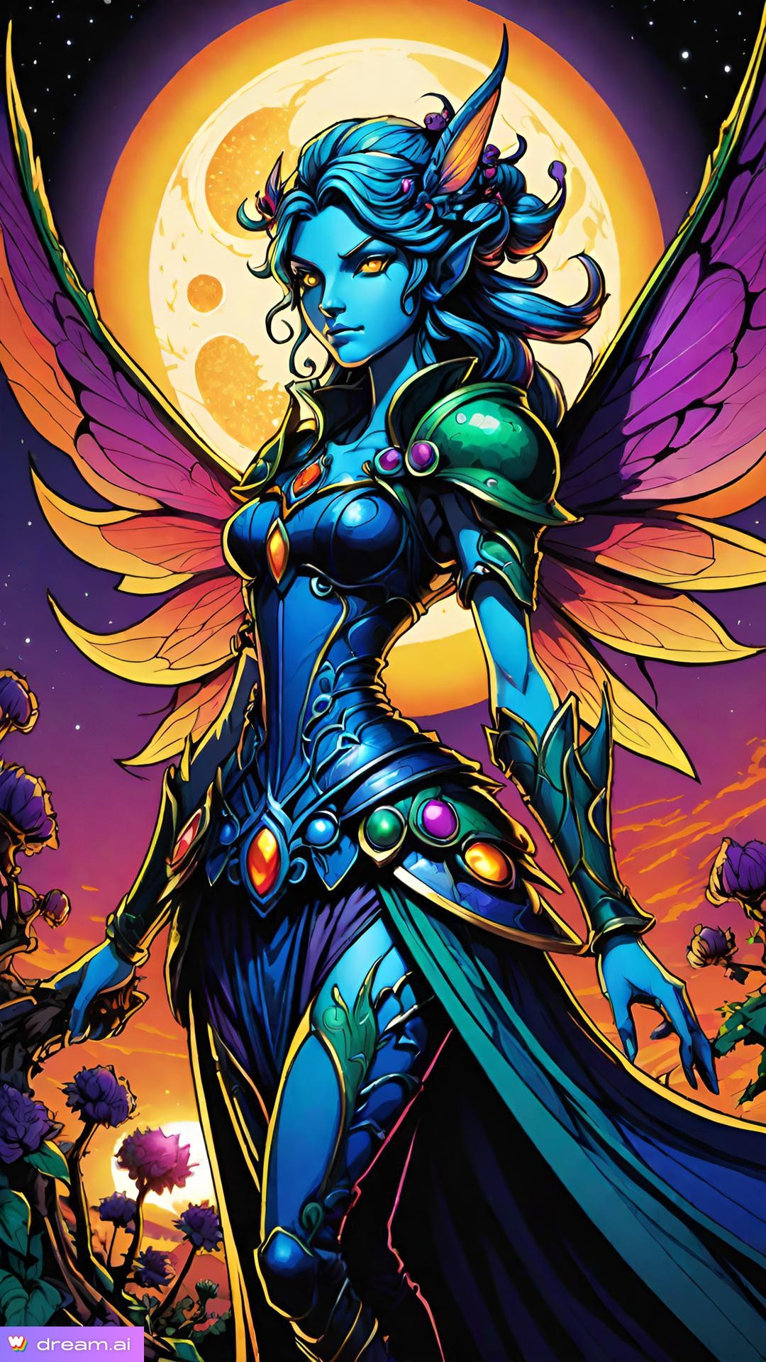 a cartoon of a woman with wings and a colorful background