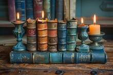 a group of books with lit candles