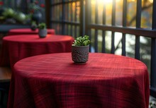 a table with red tablecloths and a potted plant on it